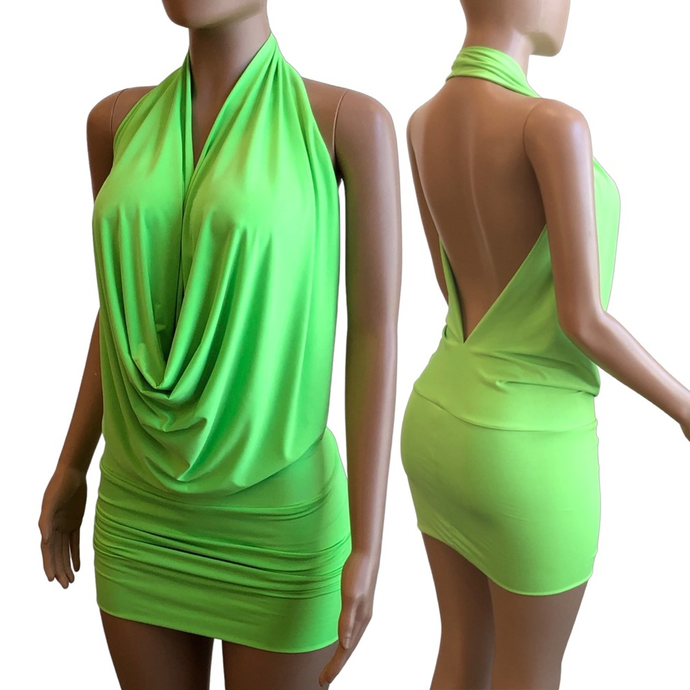 Neon Lime Green Backless Drape Halter Dress Sexy Made in USA
